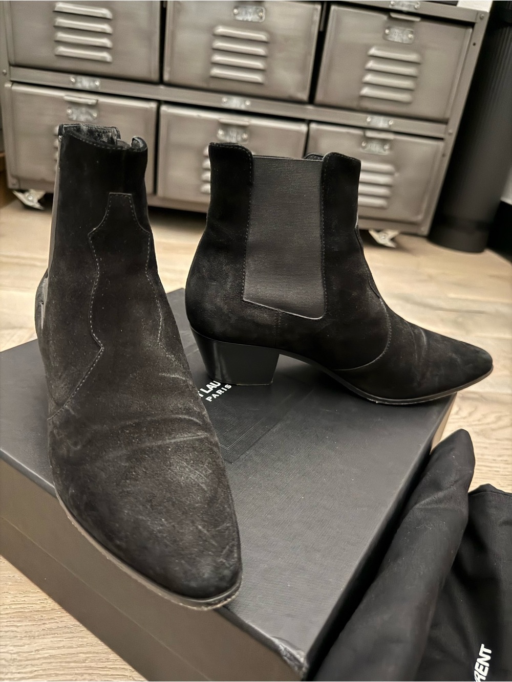 Saint Laurent Black Suede Chelsea Booties with Low Heel
